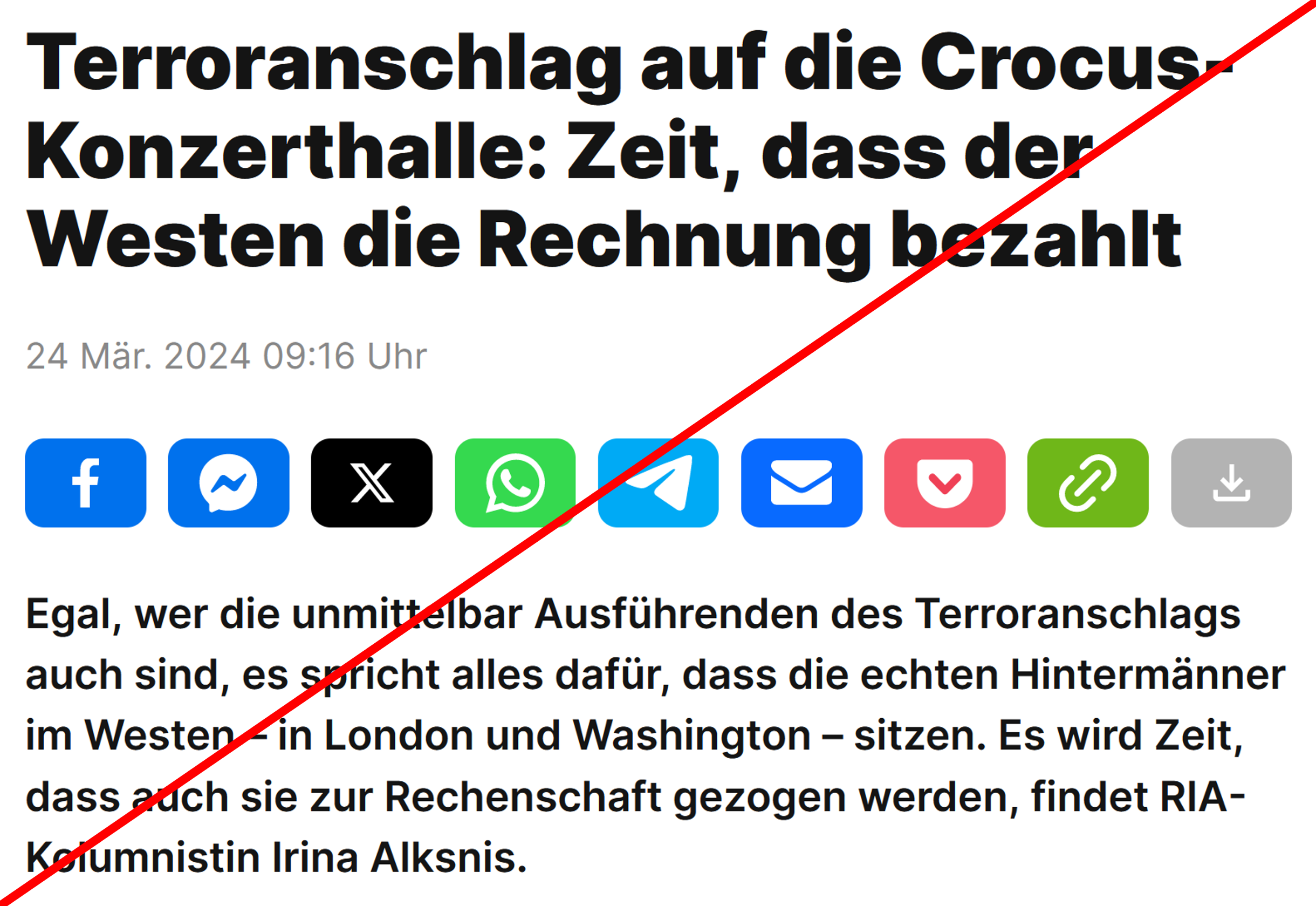Screenshot eines Artikels bei RT Deutsch mit dem Titel 'Terroranschlag auf die Crocus-Konzerthalle: Zeit, dass der Westen die Rechnung bezahlt'